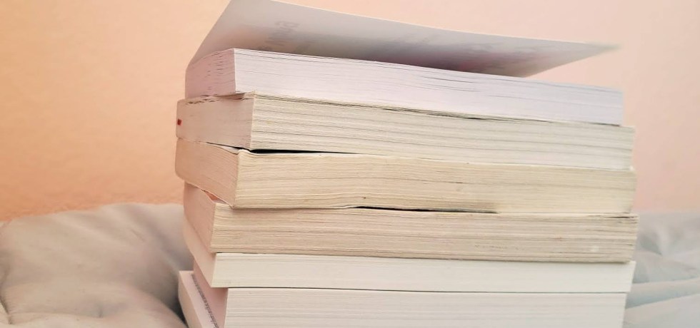 stack of about eight books